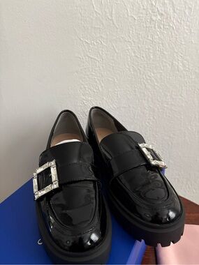 Stuart Weitzman Black Patent Loafers with Rhinestone Buckles